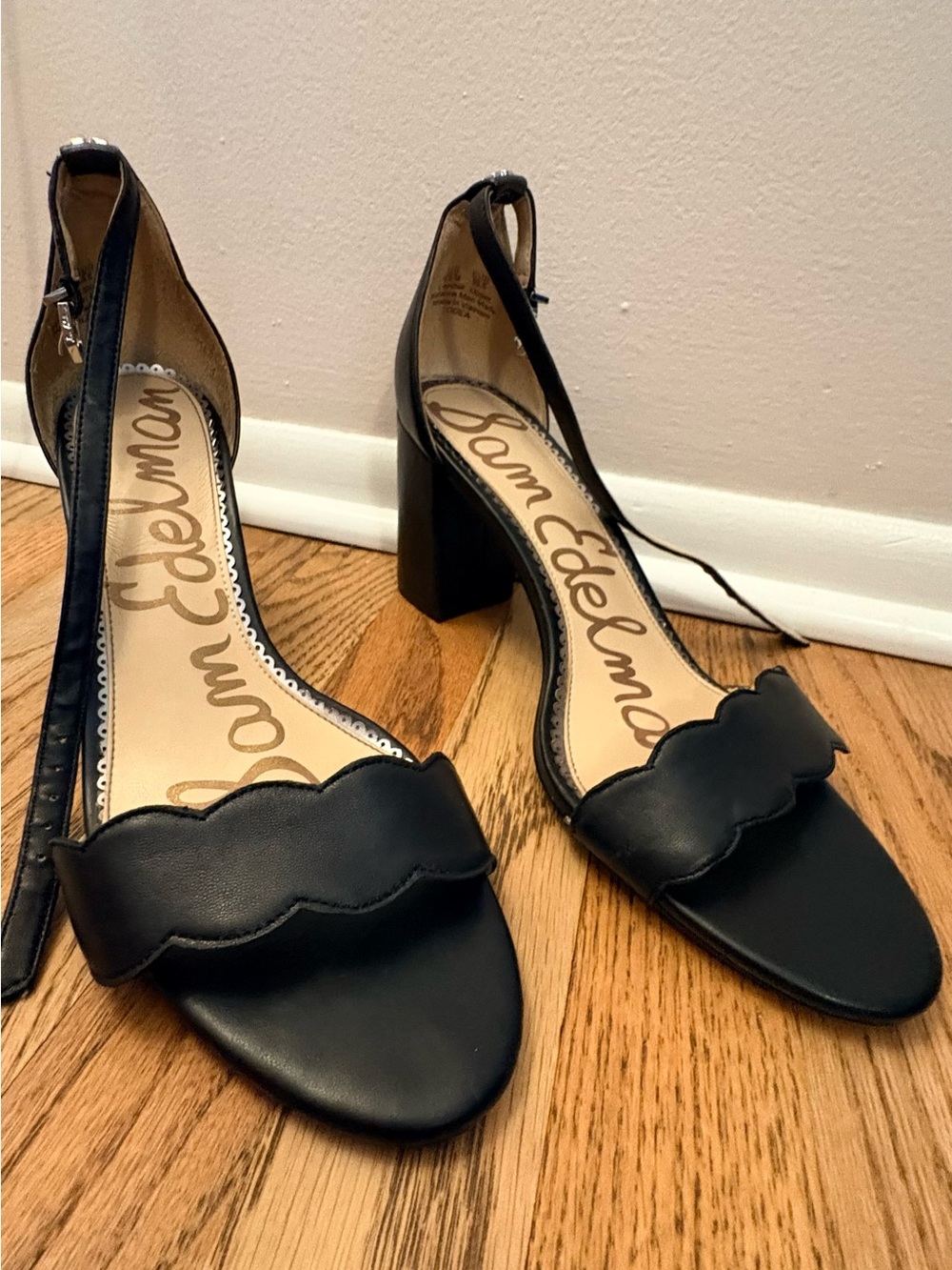 Sam Edelman Black Scalloped Ankle Strap High Heel Block Sandals - Worn Once!